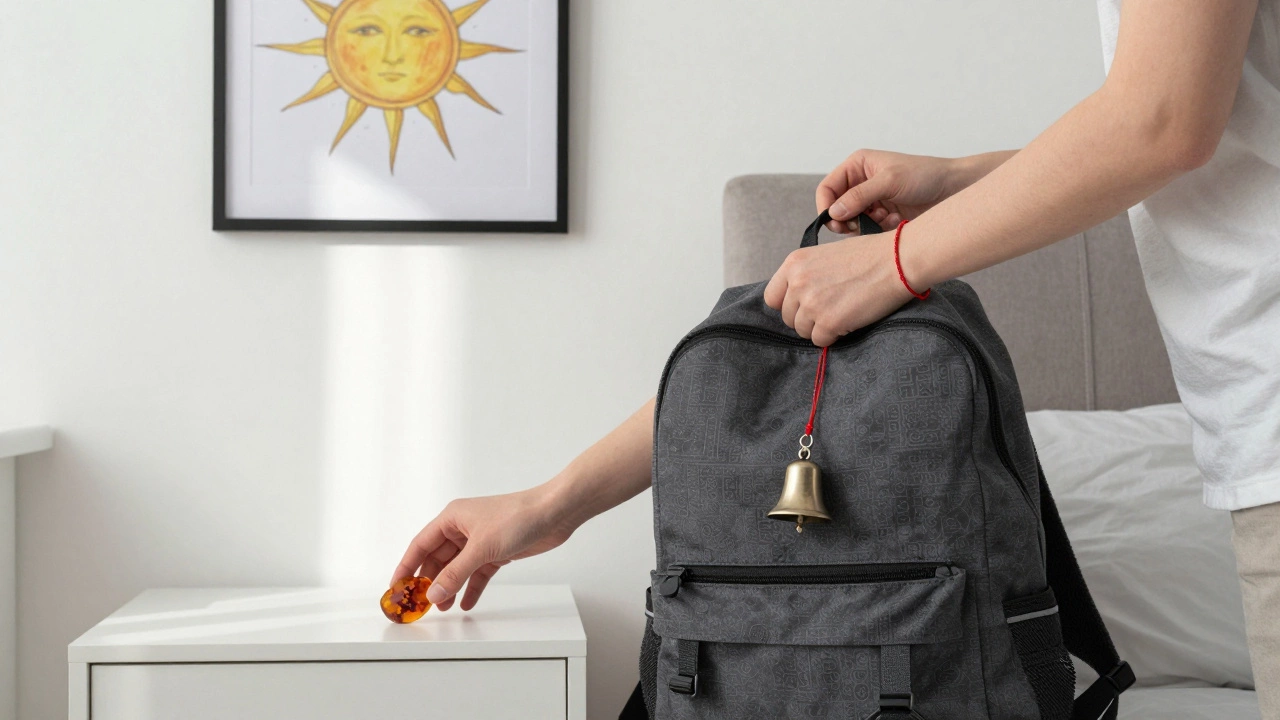 Современная квартира с красной нитью, янтарем и колокольчиком на рюкзаке.