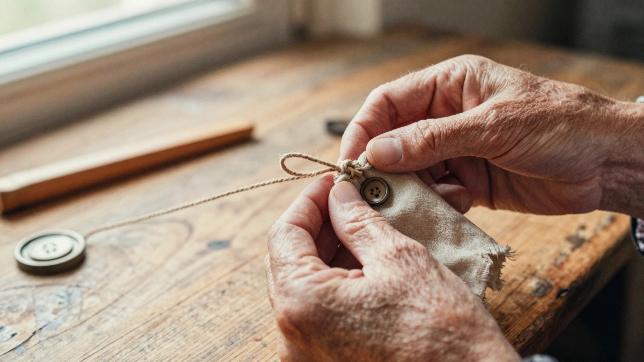 Старая женщина вяжет оберег из старой пуговицы и льняной ткани на деревянном столе.