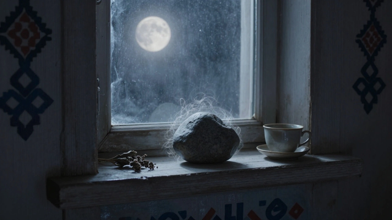 Шунгит лежит на деревянном подоконнике под лунным светом, рядом — чайная чашка и травы.