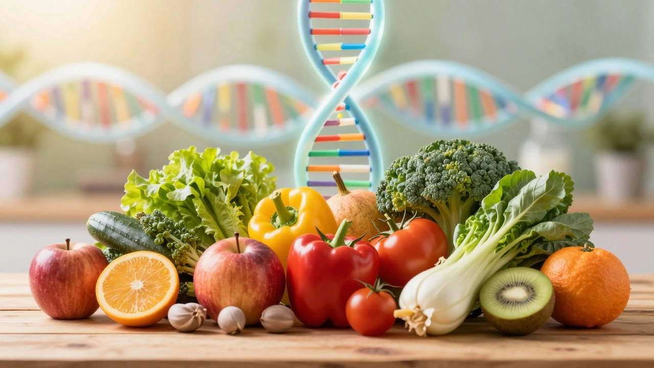 Свежие овощи и символ ДНК на фоне солнечного света