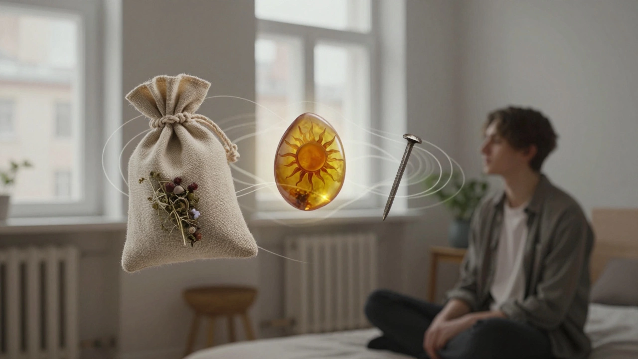 Три традиционных оберега парят рядом с молодым человеком в светлой комнате.