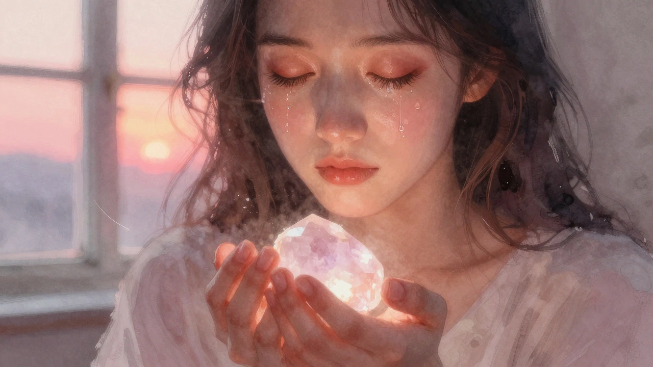 Женщина держит розовый кварц на ладонях при закате, глаза закрыты, выражение спокойствия.