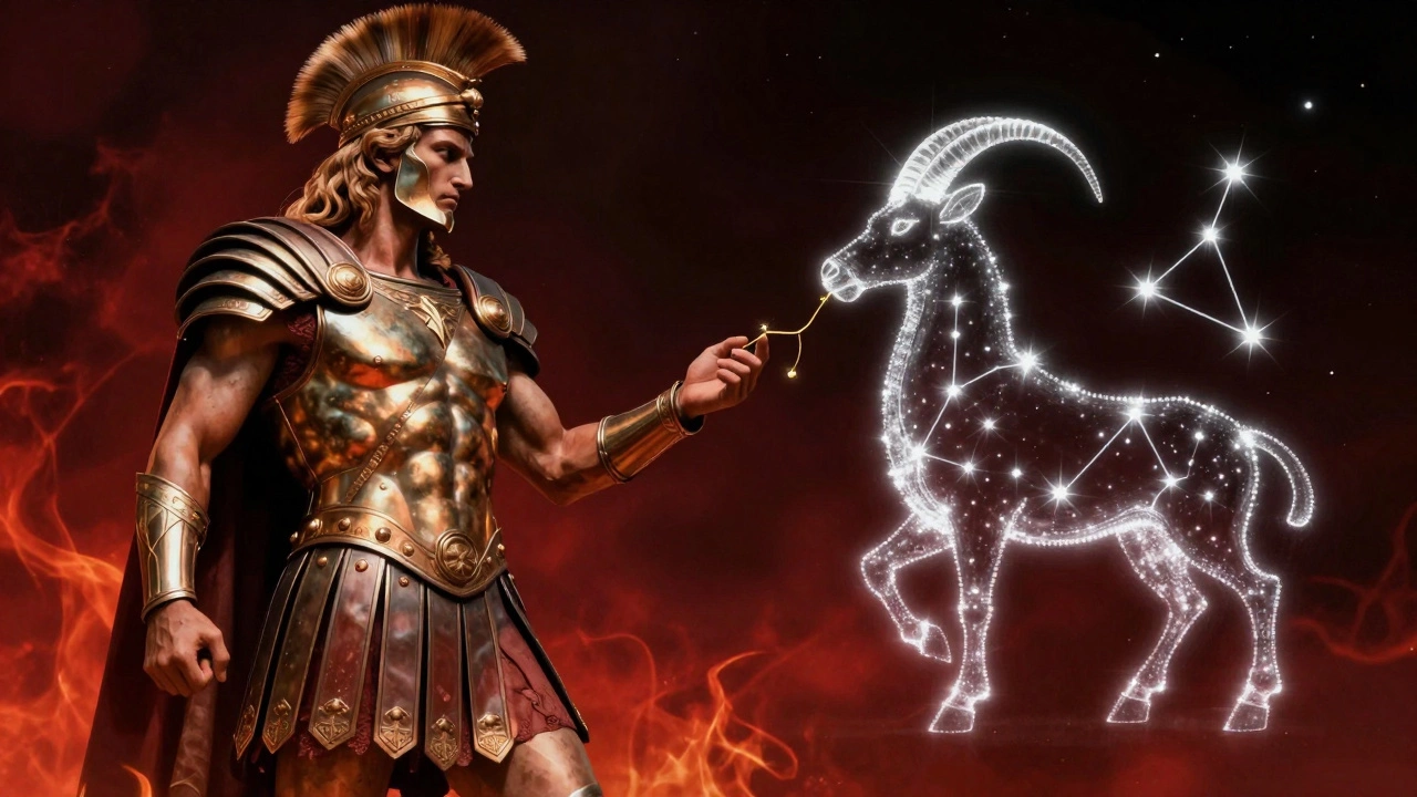 Бог Марс в доспехах, связанный золотой нитью с созвездием Овна