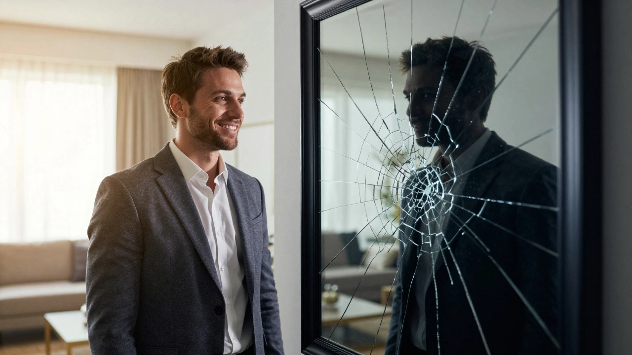 Человек с двойным лицом: дружелюбный образ и холодное отражение в зеркале