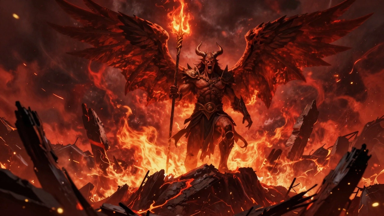 Демонический воин с трезубцем на фоне огня и кровавого неба