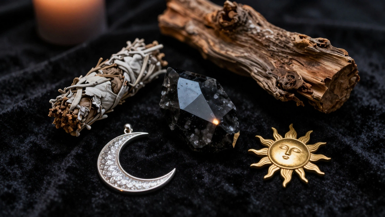 Коллекция защитных материалов: черный турмалин, обсидиан, серебро, золото и дерево