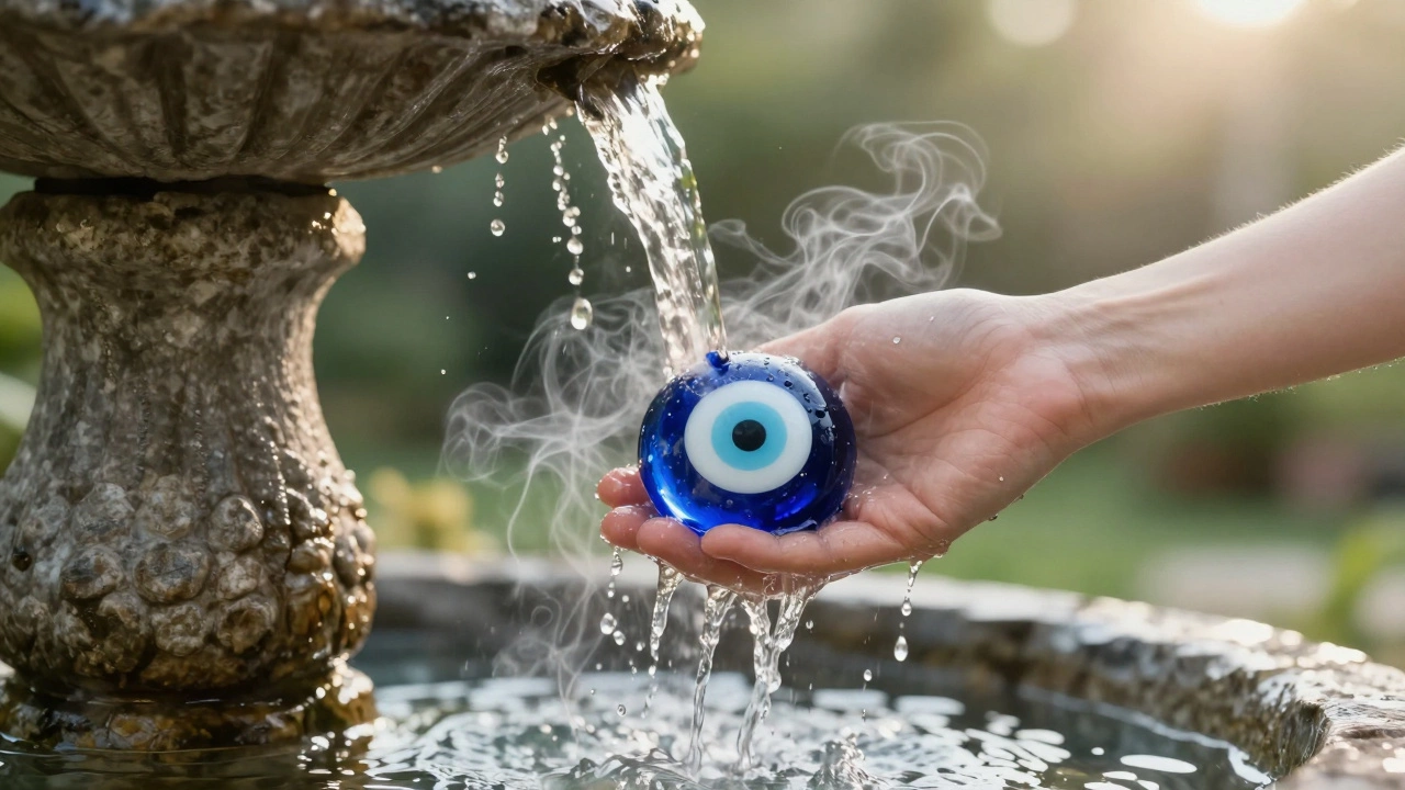 Очищение синего амулета Назар под струей чистой воды