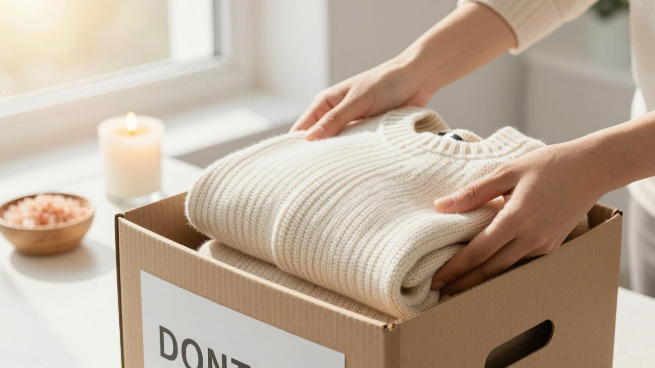 Передача одежды в благотворительный фонд в светлой комнате
