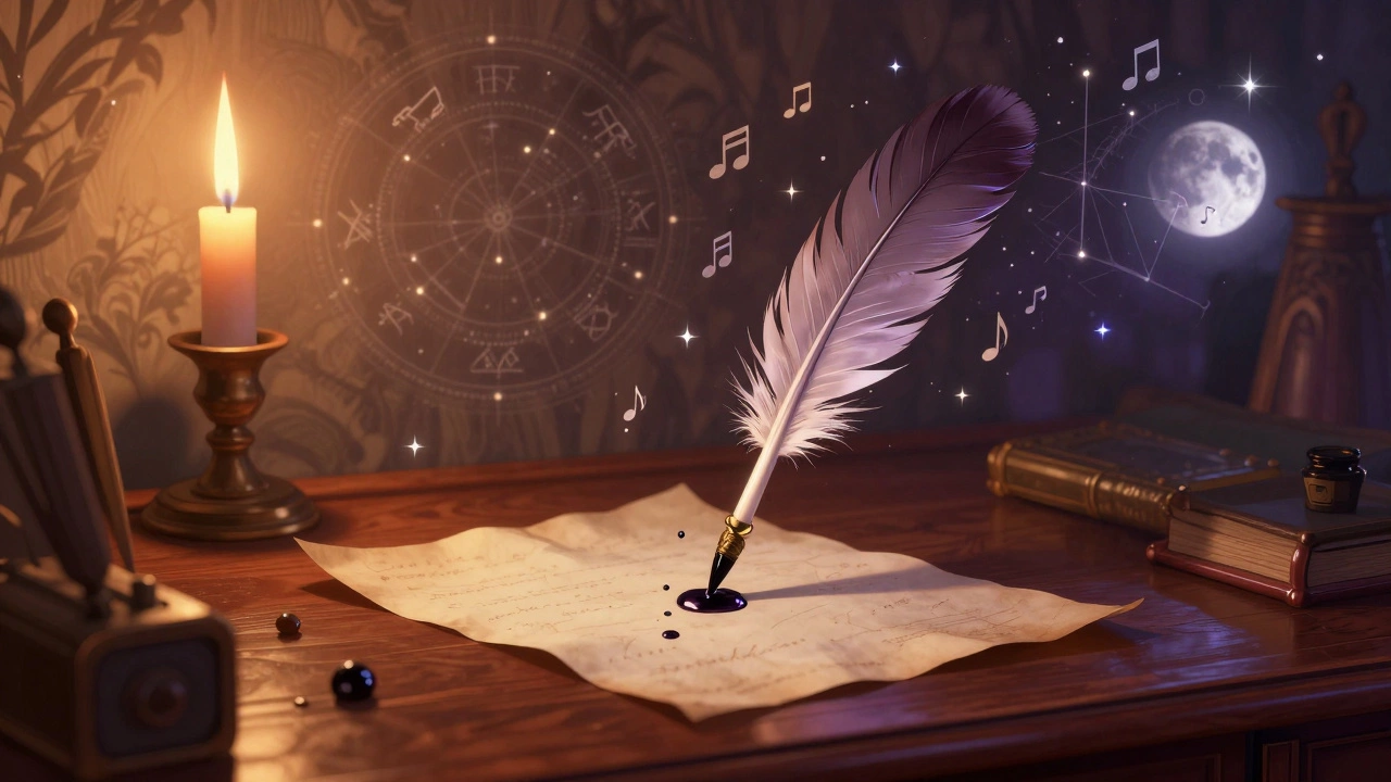 Письменный стол поэта с натальной картой и парящими звездами