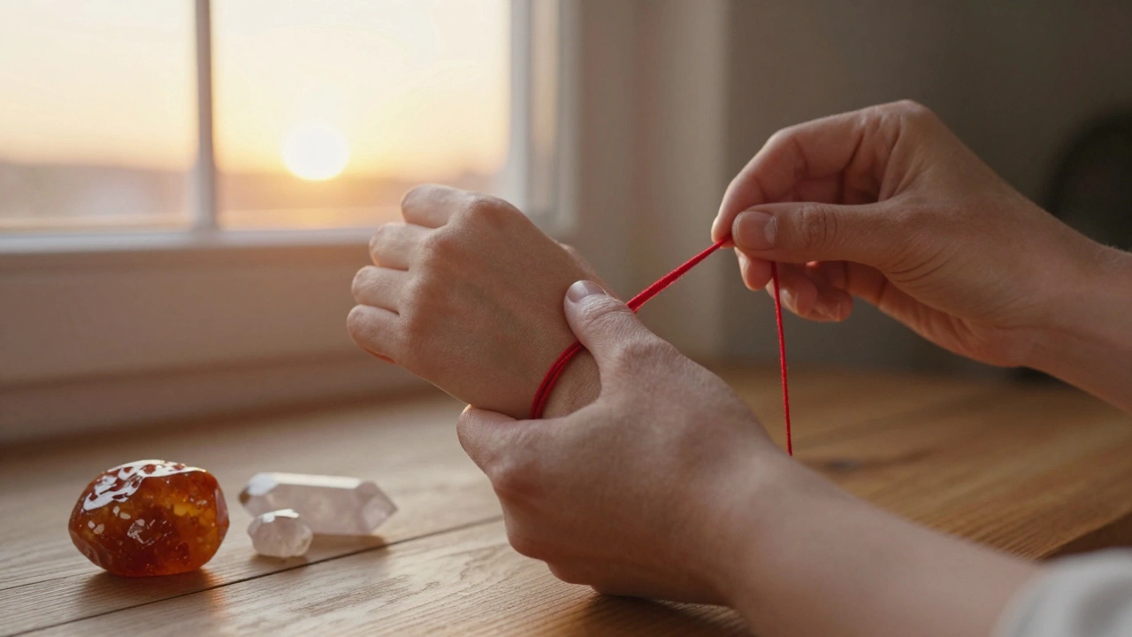Процесс завязывания красной нити на запястье в теплой атмосфере