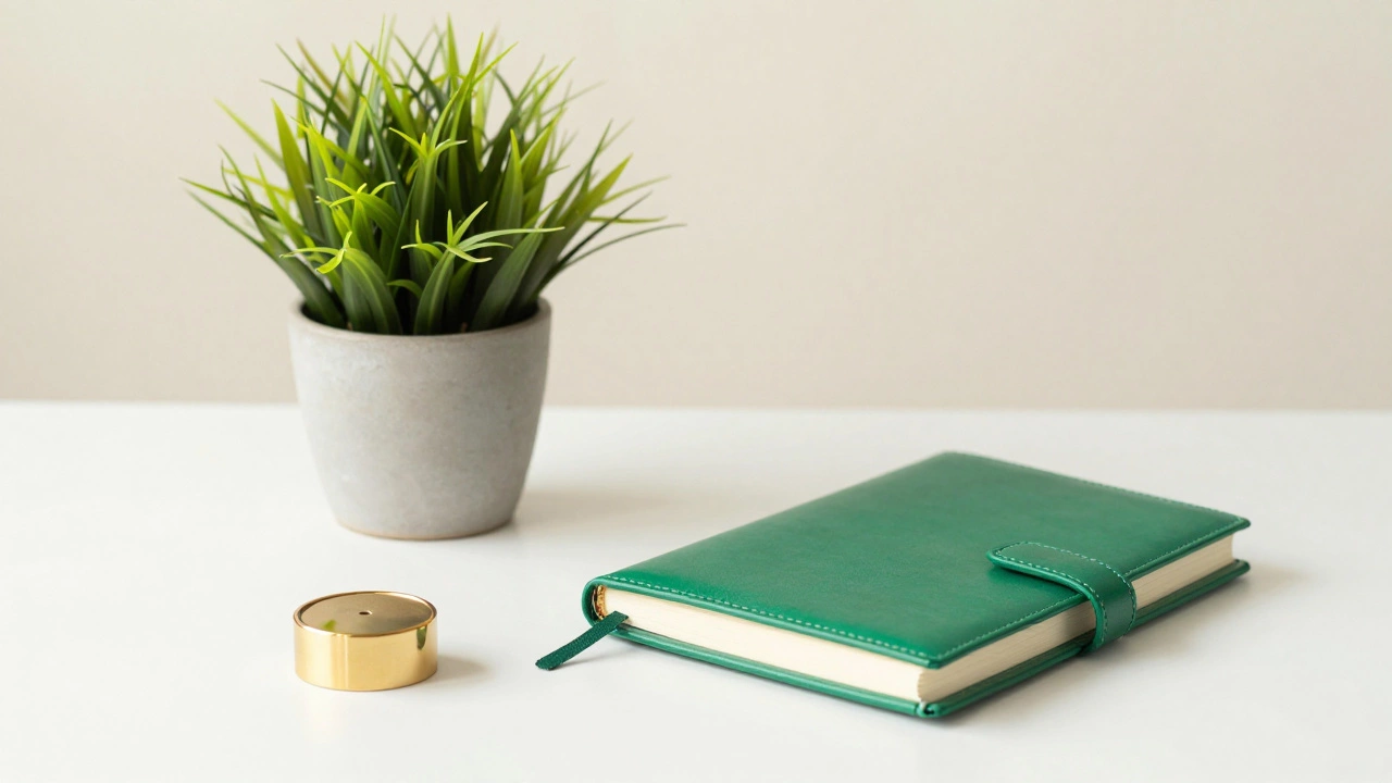 Рабочий стол с зеленым растением и кожаным блокнотом для роста доходов