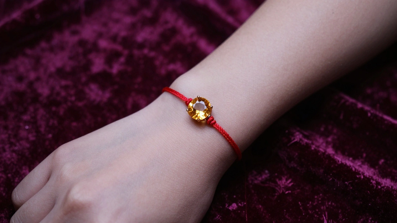 Рука с красной нитью и кольцом с цитрином на красном бархате