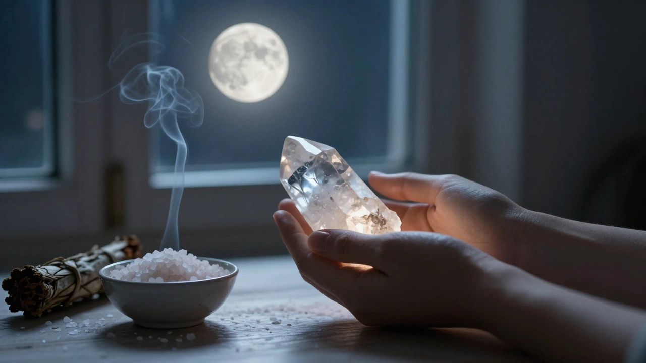Руки человека держат кристалл в свете полной луны рядом с солью и шалфеем