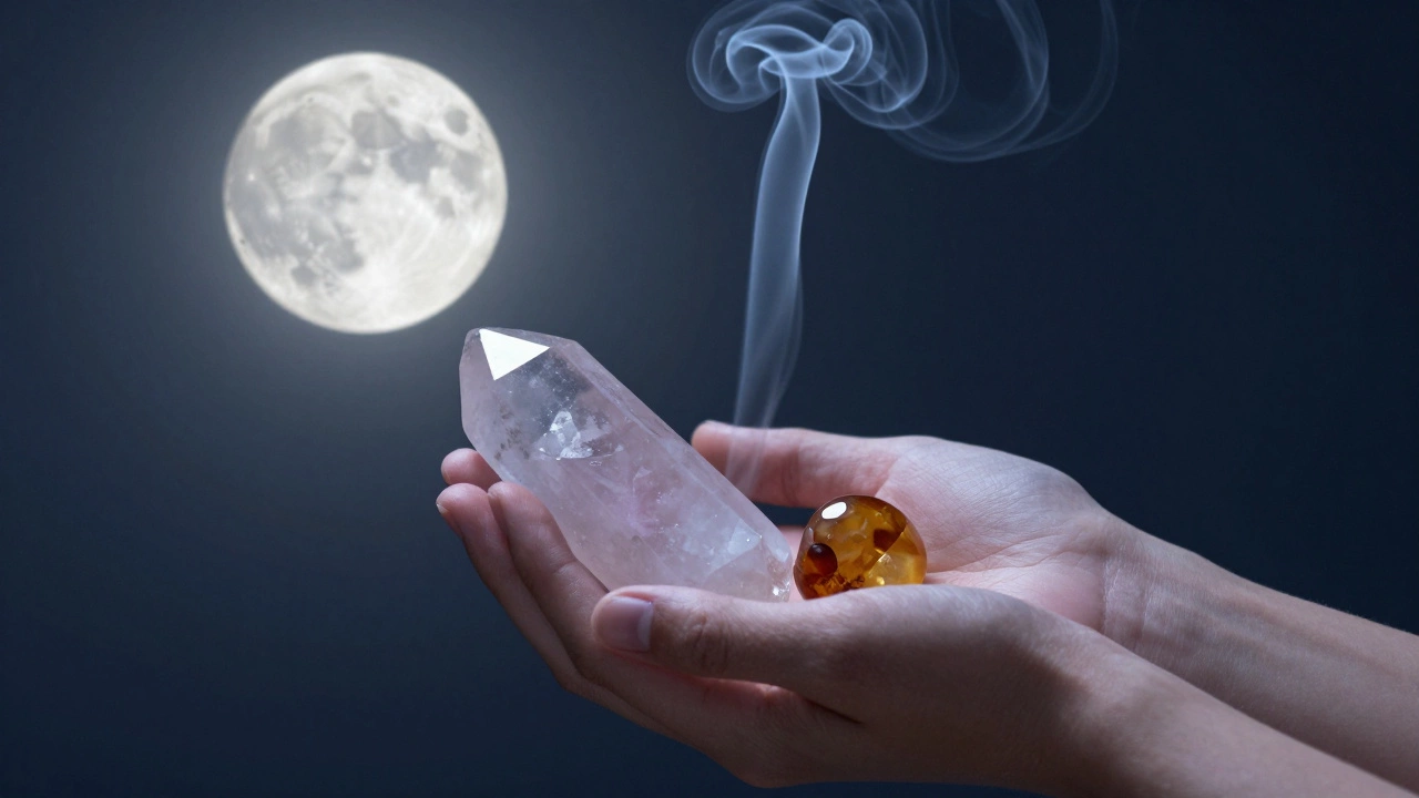 Руки держат кристаллы кварца и янтаря в лунном свете с дымом благовоний