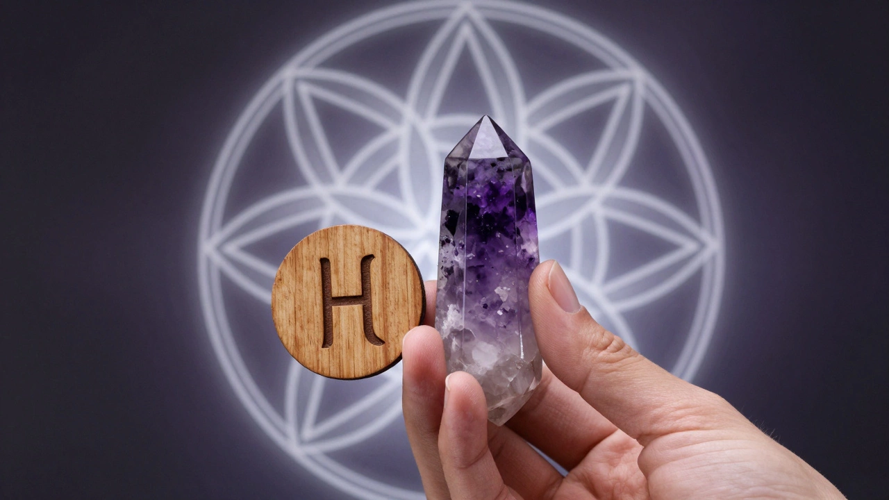 Руна Феху и кристалл аметиста на фоне геометрического узора Цветка Жизни