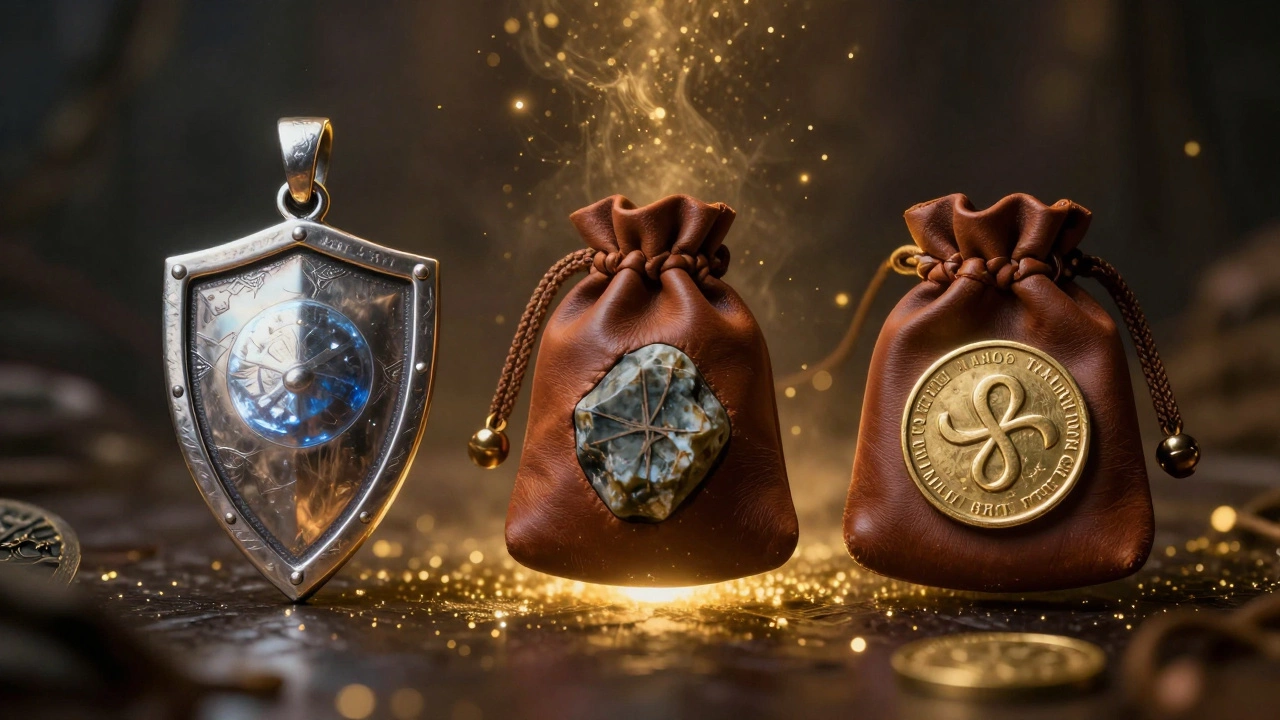 Серебряный кулон-щит, кожаный мешочек-амулет и золотая монета-талисман