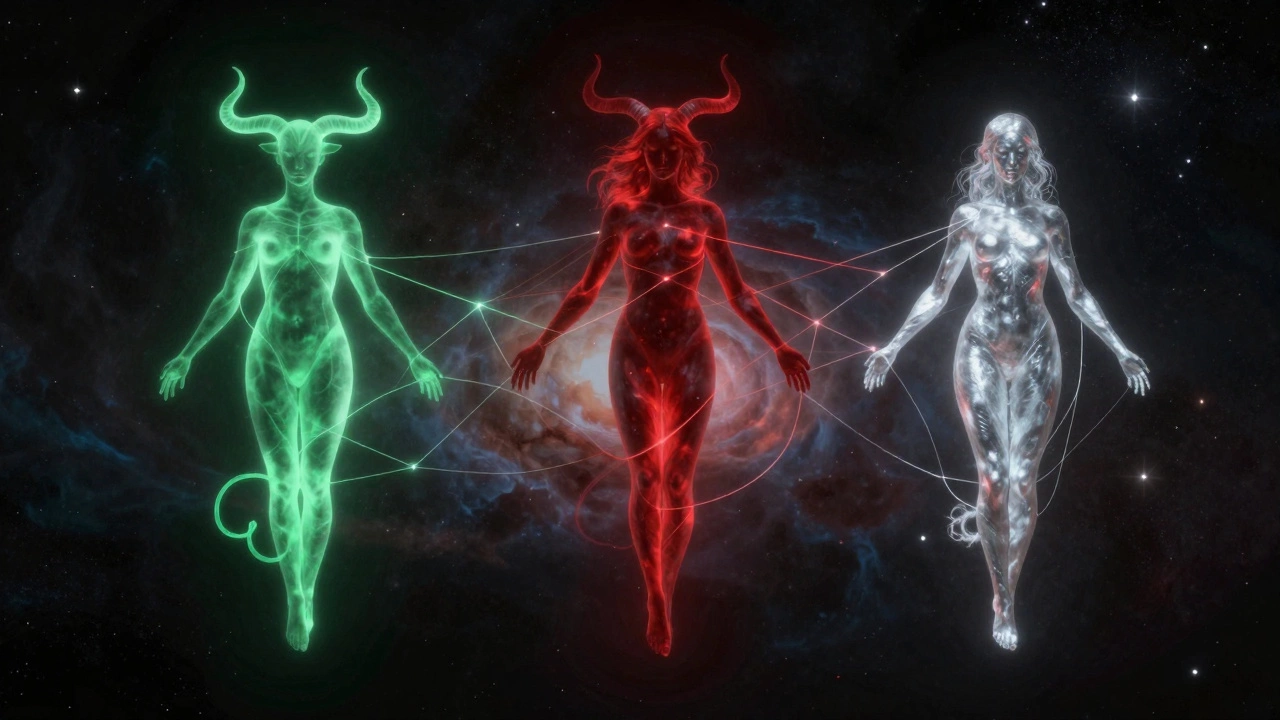 Символическое изображение мистической связи трех знаков зодиака в космосе