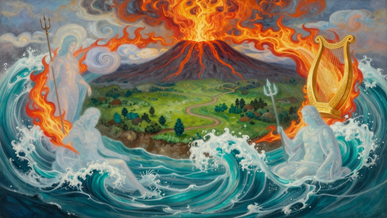 Символы четырех стихий с призрачными силуэтами древних богов