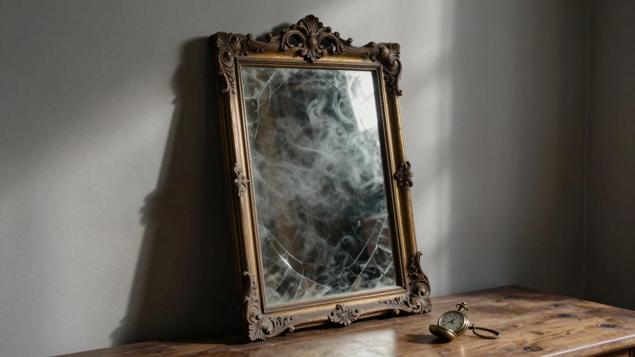 Старинное треснувшее зеркало и остановившиеся карманные часы