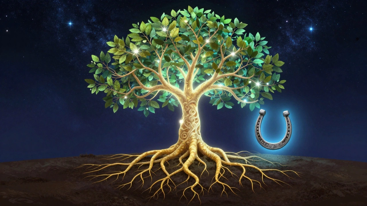 Светящееся Древо Жизни и защитная подкова на фоне звездного неба