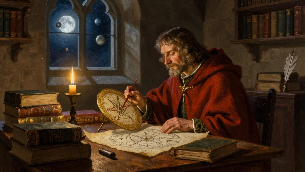 Medieval scholar studying celestial charts in a candlelit library