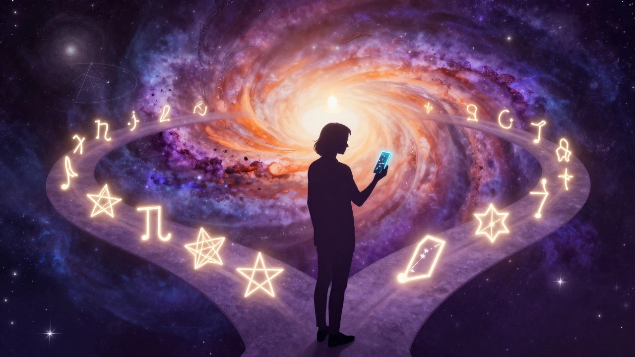 Person choosing between star-driven path and light of free will