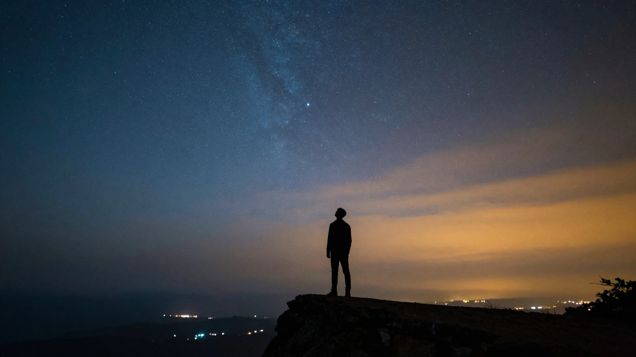 Silhouette of a person looking at a split-color starry sky from a cliff edge