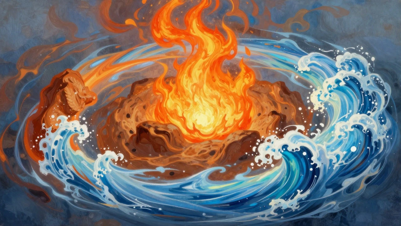 Surreal artistic depiction of fire, earth, air, and water elements blending together